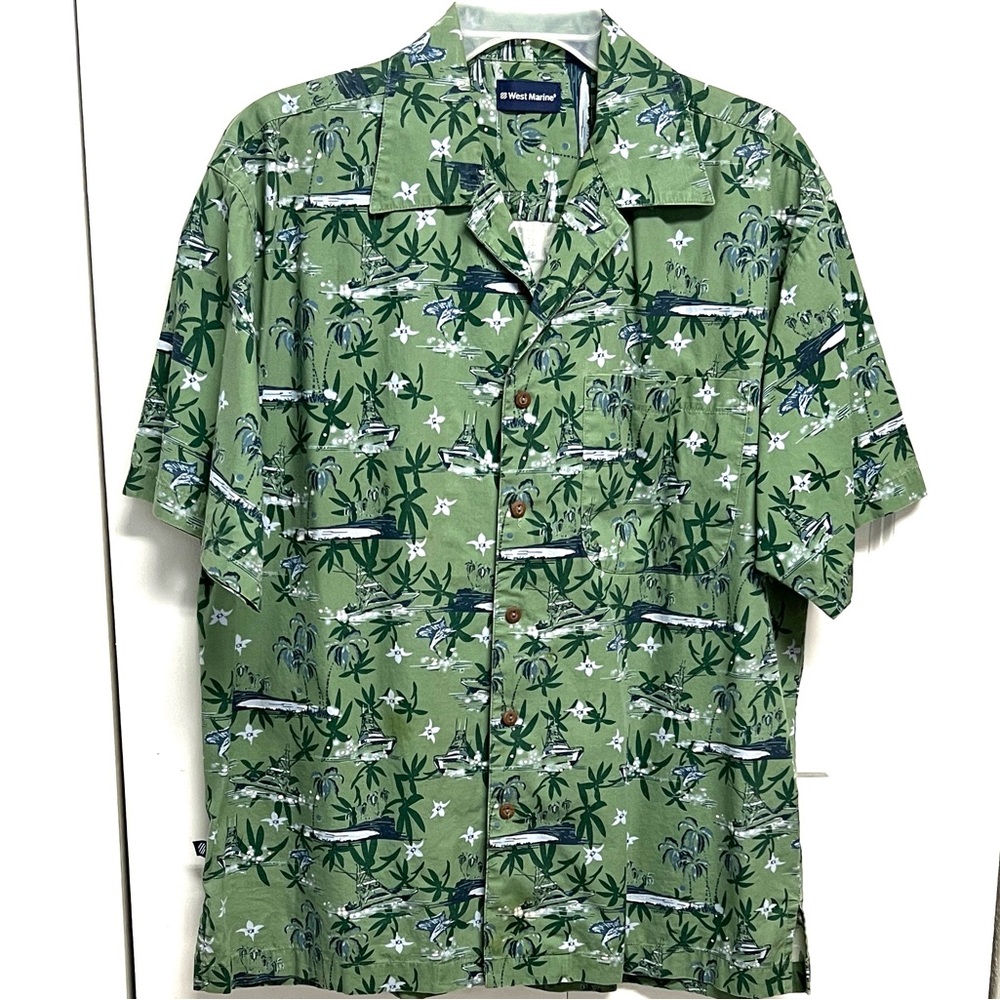 West Marine Olive Green Tropical Print Camp Shirt Size M
